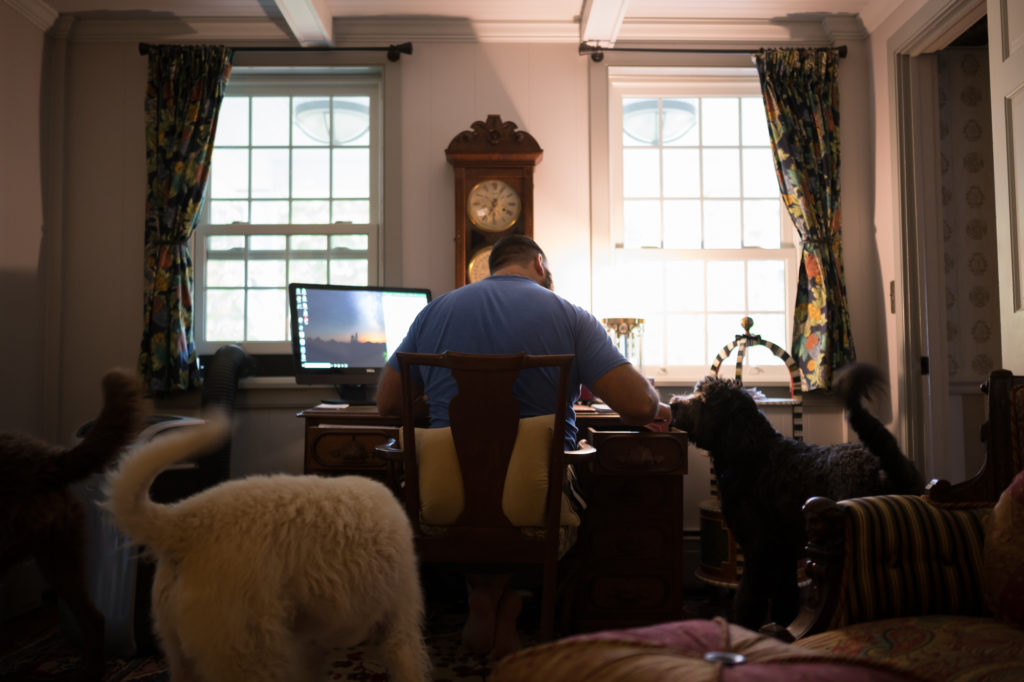 man at desk with dogs